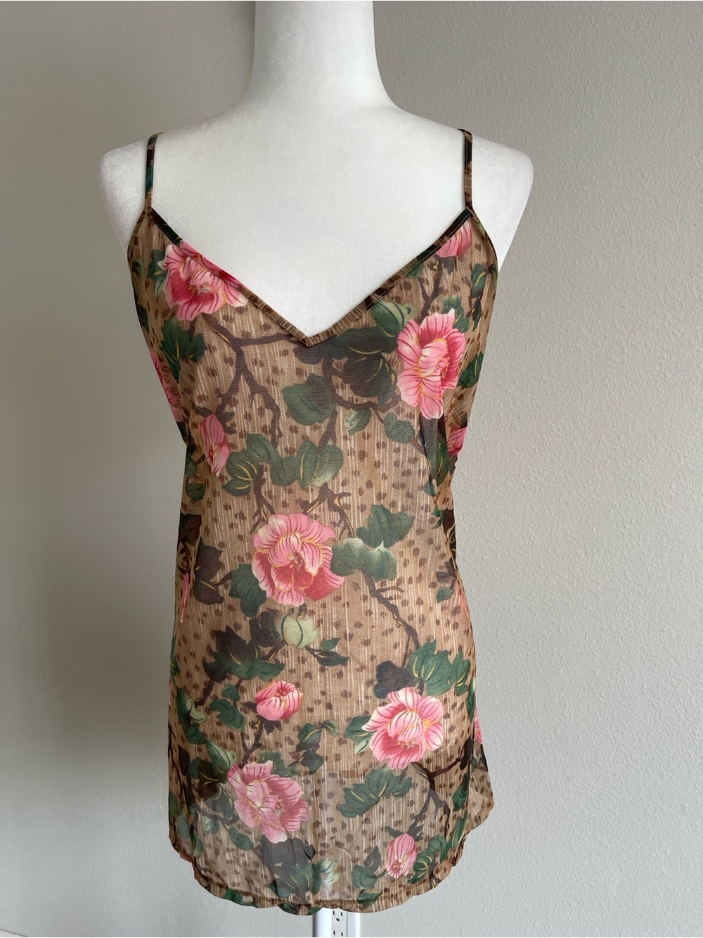 Sheer Floral Slip Cami Tank Top - Pink Floral on Brown